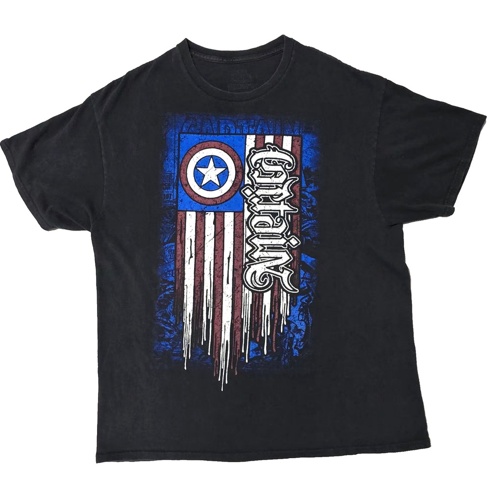 Captain America Marvel Comics T-Shirt Distressed Flag Graphic Black XL